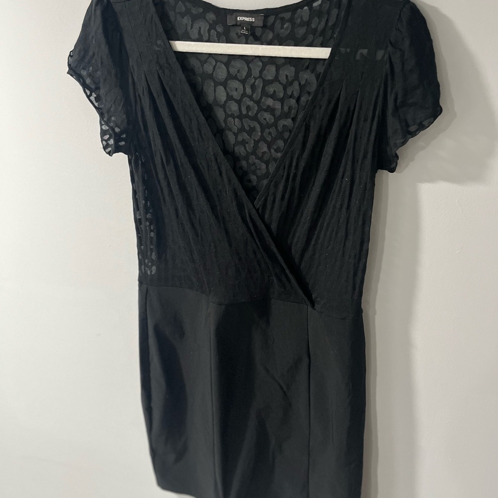 Black Faux Wrap Mini Dress – Sheer Leopard Mesh Top – Size Large